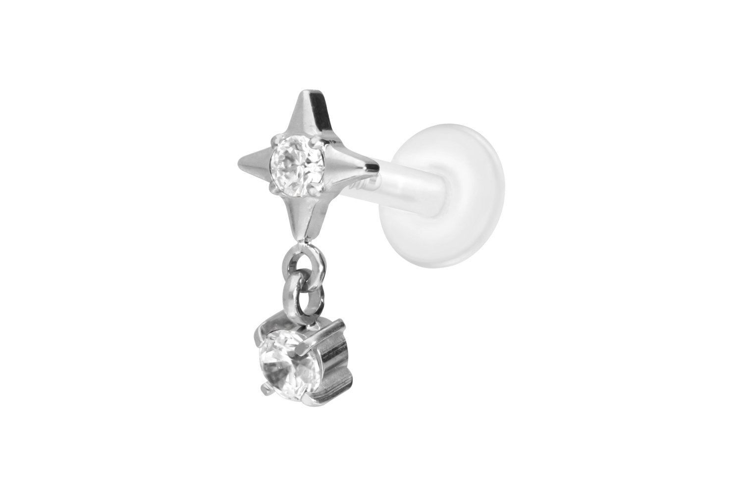 PTFE Labret Piercing mit Innengewinde + Titan-Aufsatz STERN + KRISTALL